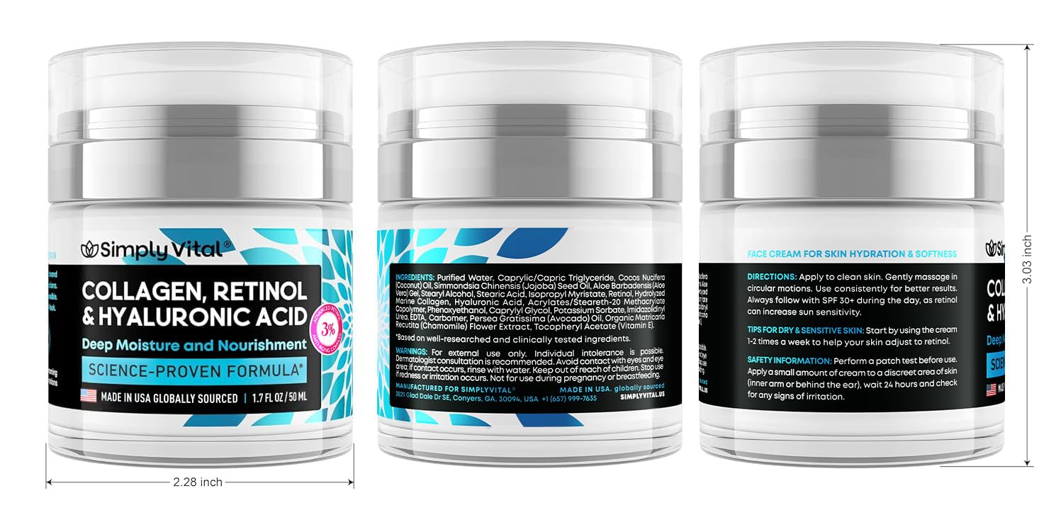 SimplyVital Collagen, Retinol & Hyaluronic Acid Cream – Moisturizing Face Cream for Smooth and Radiant Skin, 1.7 fl oz